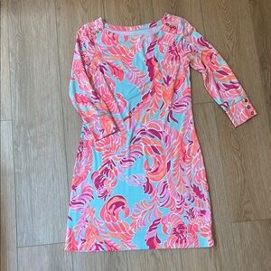 Lilly Pulitzer Vibrant Coral and Aqua 3/4 Length Sleeves Dress